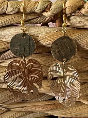 Handmade Gold Look Leaf Monstera Drop Earrings with Cork Accent